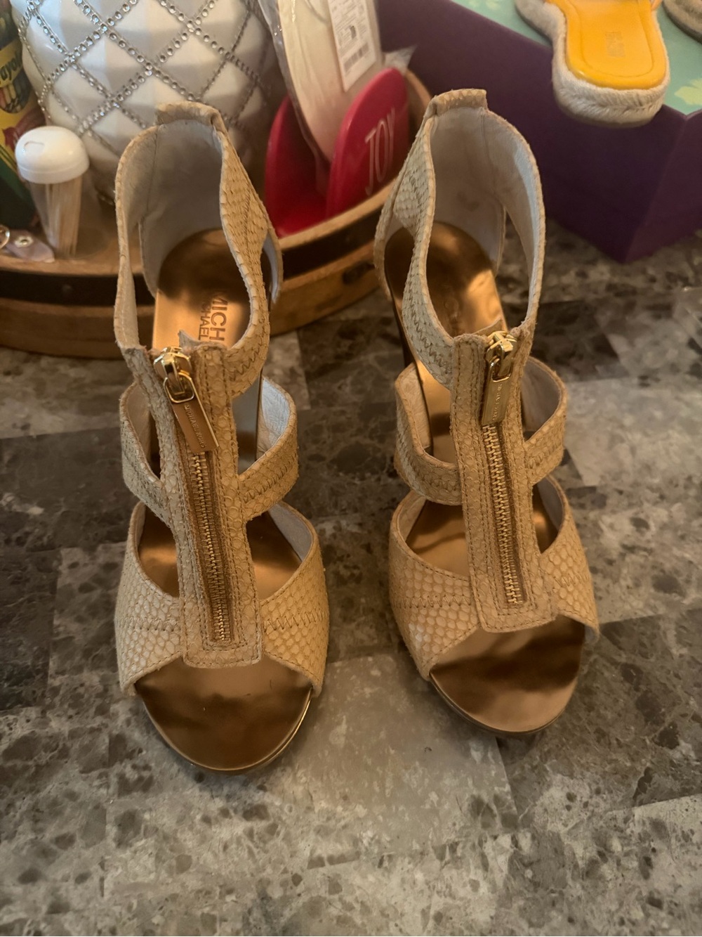 Michael Kors Beige T-strap Zip Front Heeled Sandals